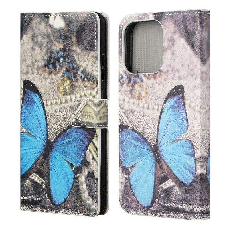 Nahkakotelo iPhone 13 Blue Butterfly