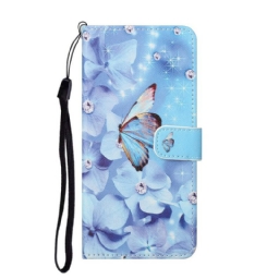 Nahkakotelo iPhone 13 Suojaketju Kuori Diamond Butterflies Hihnalla