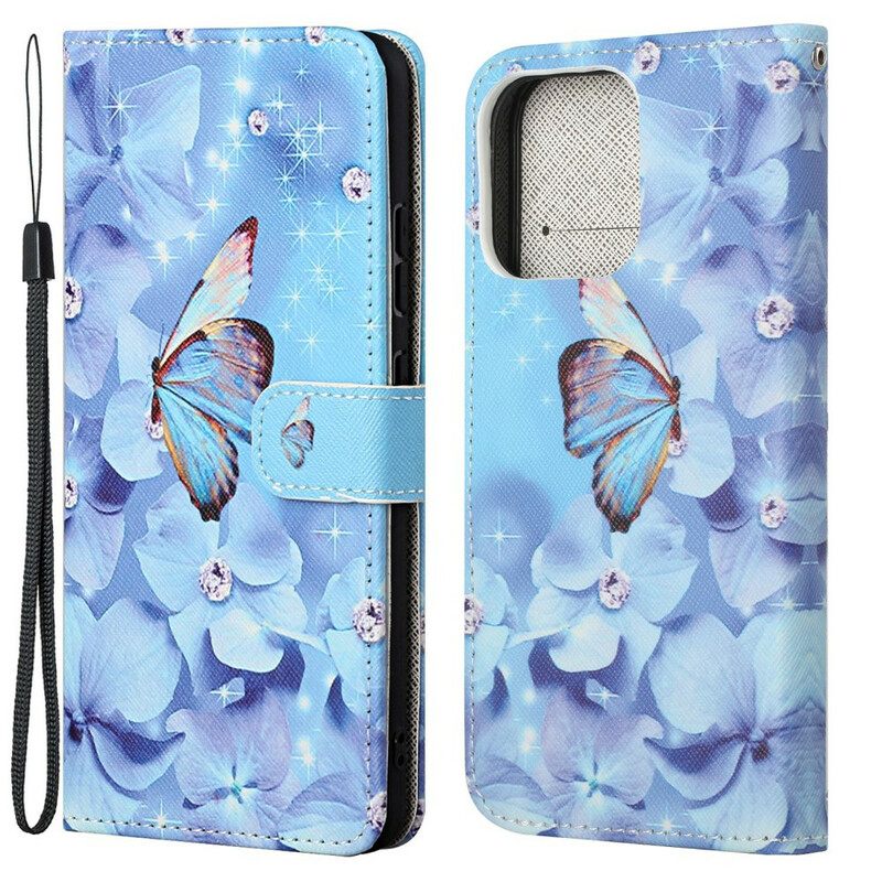 Nahkakotelo iPhone 13 Suojaketju Kuori Diamond Butterflies Hihnalla