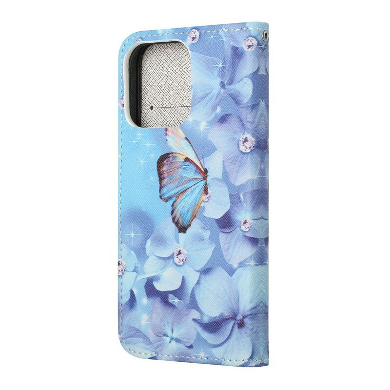 Nahkakotelo iPhone 13 Suojaketju Kuori Diamond Butterflies Hihnalla