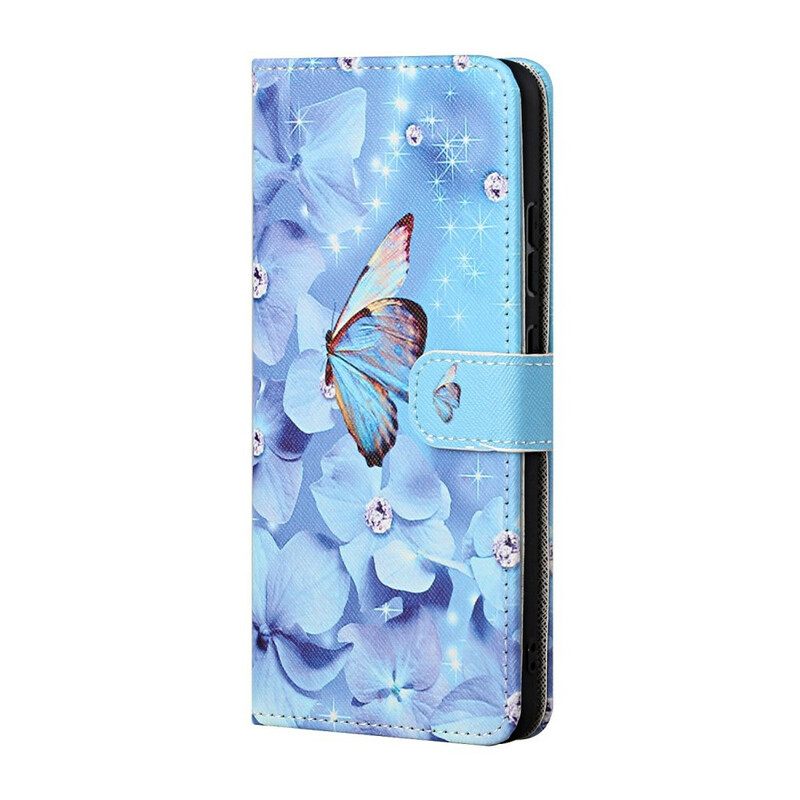 Nahkakotelo iPhone 13 Suojaketju Kuori Diamond Butterflies Hihnalla