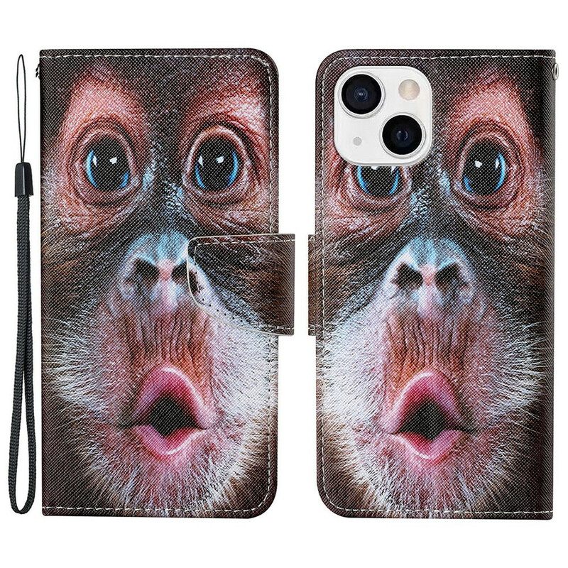 Nahkakotelo iPhone 13 Suojaketju Kuori Monkey Kaulanauhalla