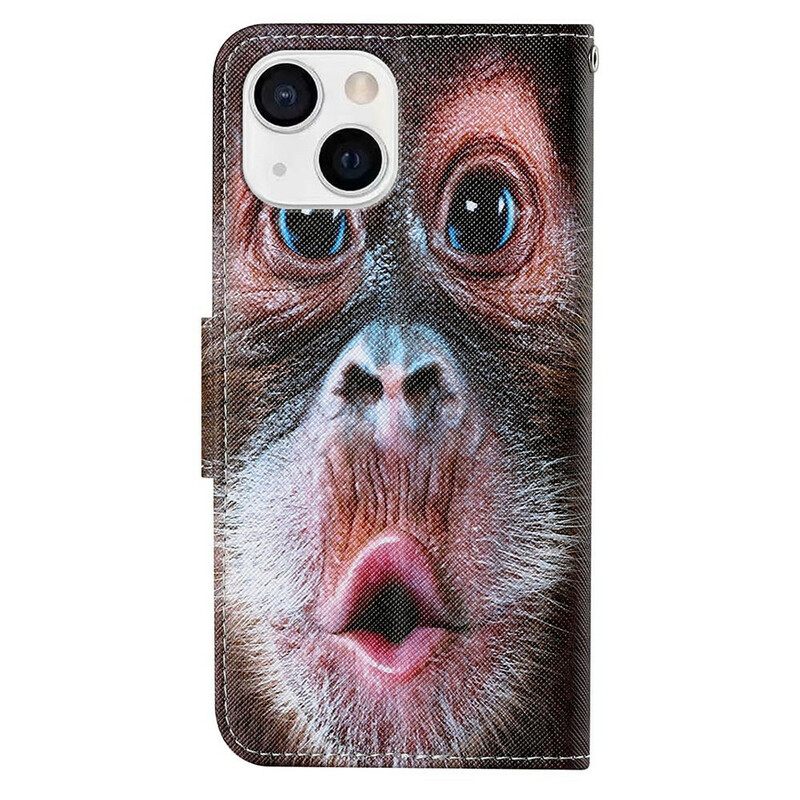 Nahkakotelo iPhone 13 Suojaketju Kuori Monkey Kaulanauhalla