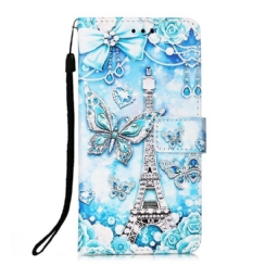 Flip Case iPhone 13 Pro Max Suojaketju Kuori Eiffel-tornin Perhoset Kaulanauhalla