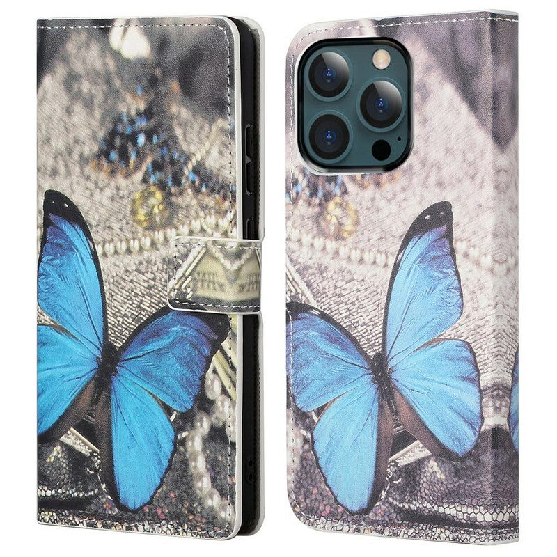 Nahkakotelo iPhone 13 Pro Max Blue Butterfly