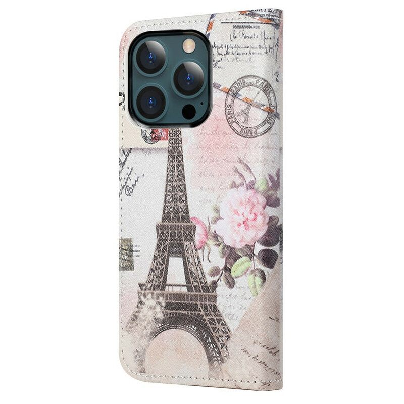 Nahkakotelo iPhone 13 Pro Max Retro Eiffel-torni