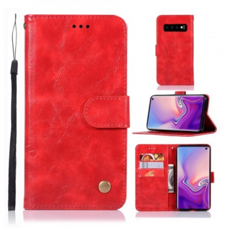 Flip Case Samsung Galaxy S10 Suojaketju Kuori Vintage Leather Effect Strappy