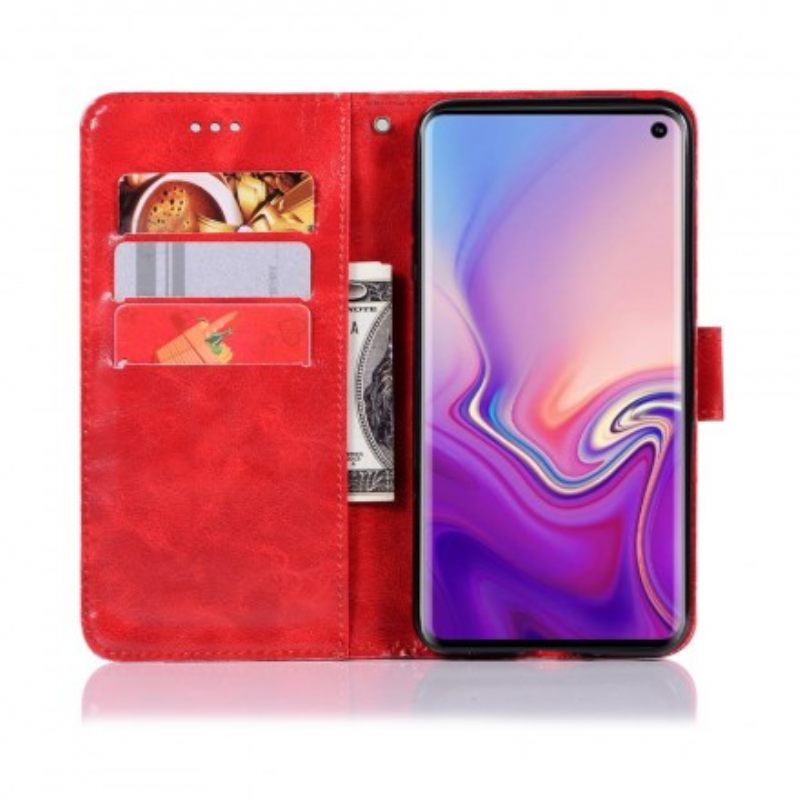 Flip Case Samsung Galaxy S10 Suojaketju Kuori Vintage Leather Effect Strappy