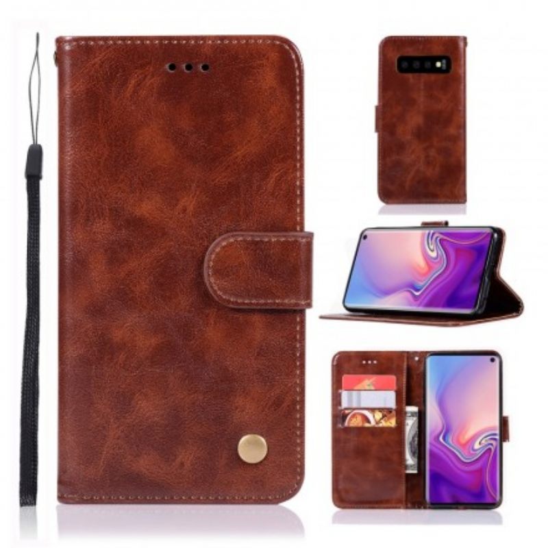 Flip Case Samsung Galaxy S10 Suojaketju Kuori Vintage Leather Effect Strappy