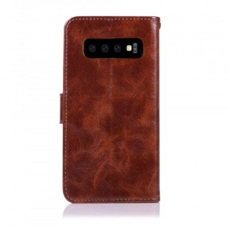 Flip Case Samsung Galaxy S10 Suojaketju Kuori Vintage Leather Effect Strappy