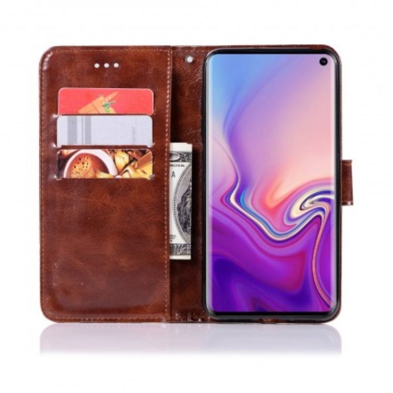 Flip Case Samsung Galaxy S10 Suojaketju Kuori Vintage Leather Effect Strappy