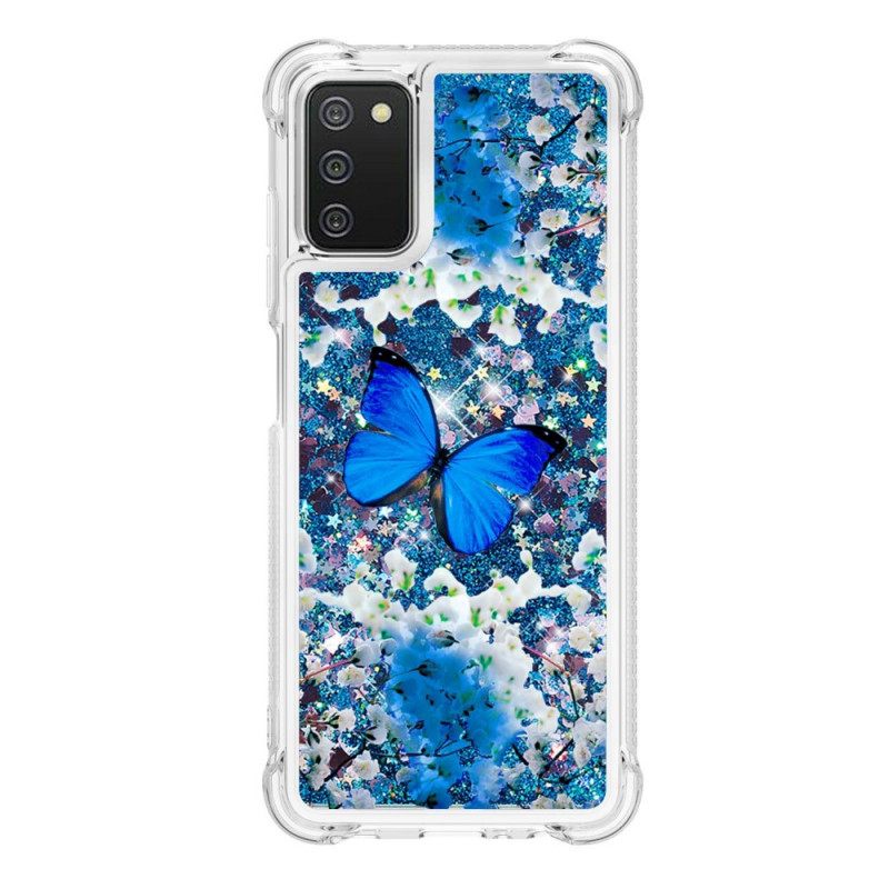 Kuori Samsung Galaxy A03s Glitter Blue Butterflies