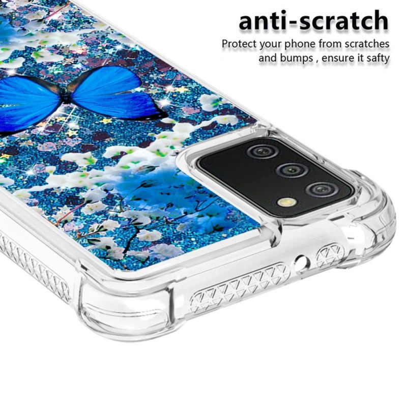 Kuori Samsung Galaxy A03s Glitter Blue Butterflies