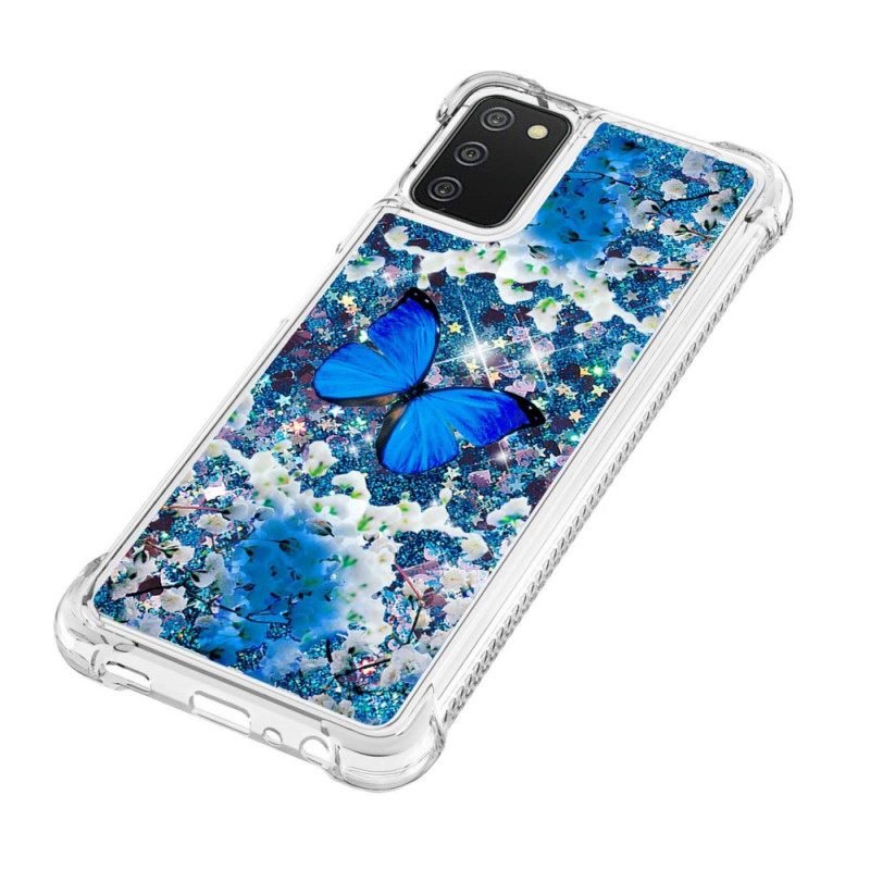 Kuori Samsung Galaxy A03s Glitter Blue Butterflies