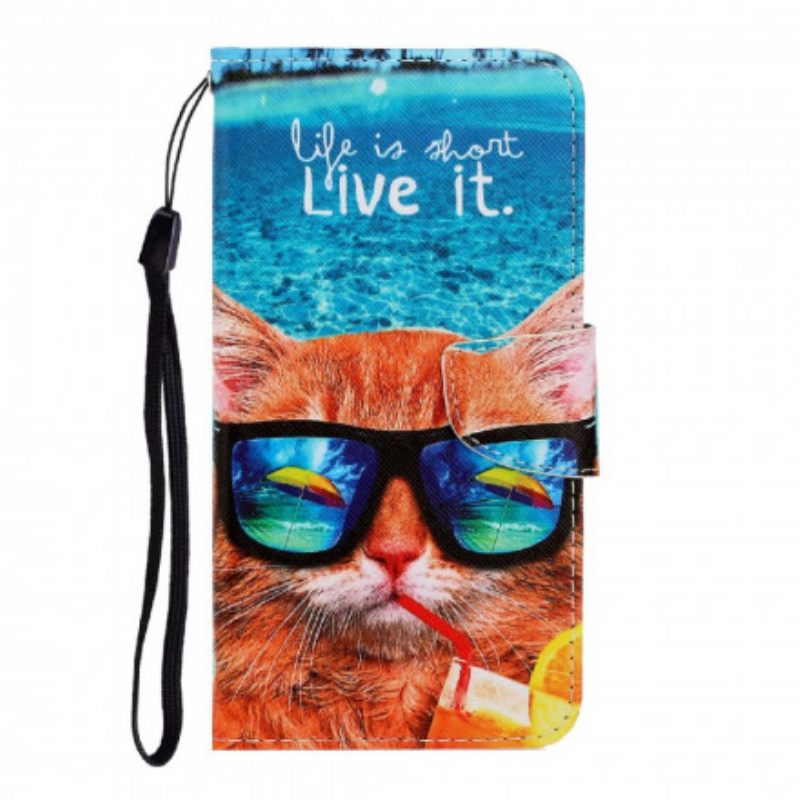 Flip Case Samsung Galaxy A22 4G Suojaketju Kuori Cat Live It Lanyardissa