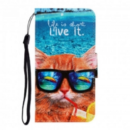 Flip Case Samsung Galaxy A22 4G Suojaketju Kuori Cat Live It Lanyardissa