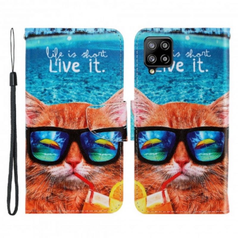 Flip Case Samsung Galaxy A22 4G Suojaketju Kuori Cat Live It Lanyardissa