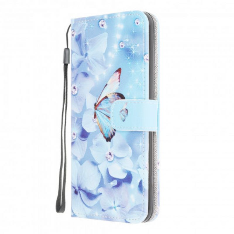 Flip Case Samsung Galaxy A22 4G Suojaketju Kuori Diamond Butterflies Hihnalla