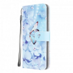 Flip Case Samsung Galaxy A22 4G Suojaketju Kuori Diamond Butterflies Hihnalla