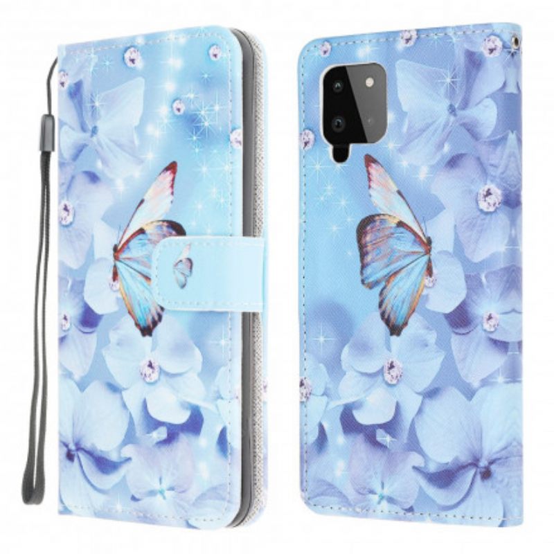 Flip Case Samsung Galaxy A22 4G Suojaketju Kuori Diamond Butterflies Hihnalla