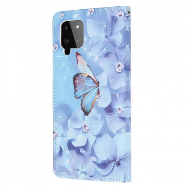 Flip Case Samsung Galaxy A22 4G Suojaketju Kuori Diamond Butterflies Hihnalla