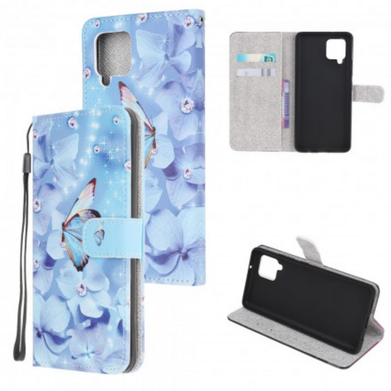 Flip Case Samsung Galaxy A22 4G Suojaketju Kuori Diamond Butterflies Hihnalla