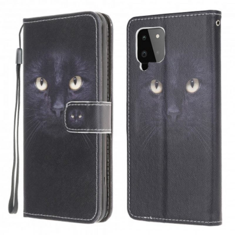 Kotelot Samsung Galaxy A22 4G Suojaketju Kuori Black Cat Eyes Hihnalla