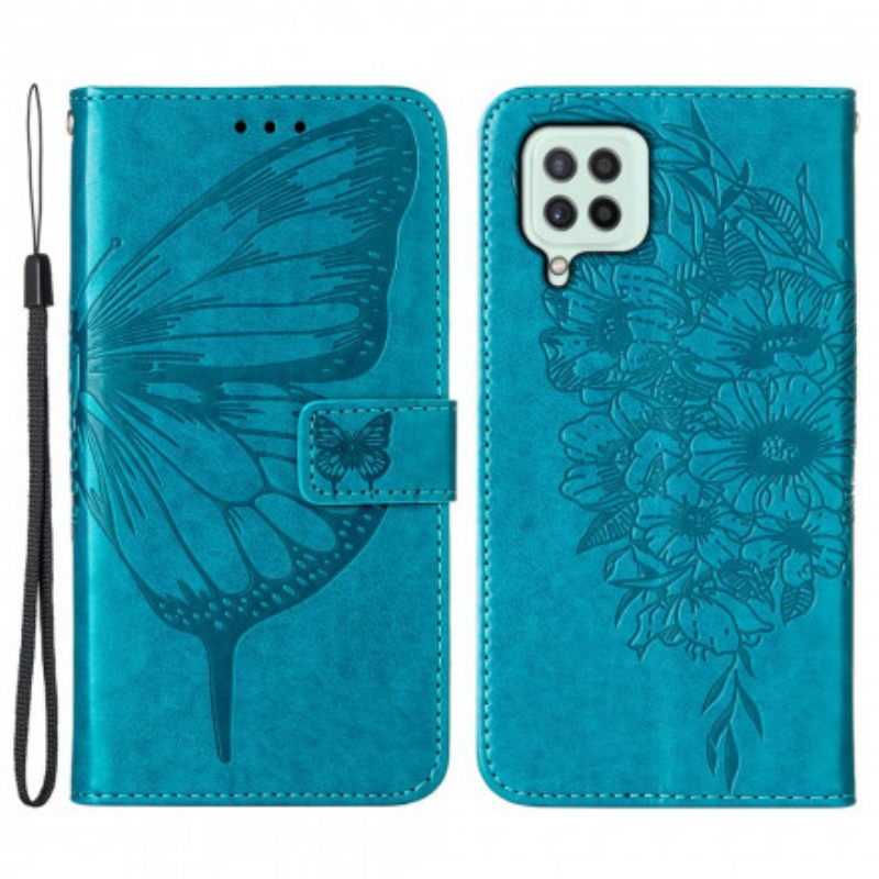 Nahkakotelo Samsung Galaxy A22 4G Butterfly Design Kaulanauhalla