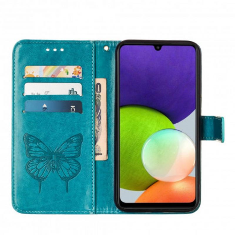 Nahkakotelo Samsung Galaxy A22 4G Butterfly Design Kaulanauhalla