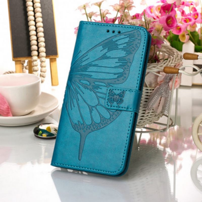 Nahkakotelo Samsung Galaxy A22 4G Butterfly Design Kaulanauhalla