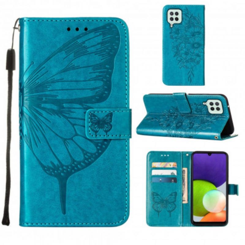 Nahkakotelo Samsung Galaxy A22 4G Butterfly Design Kaulanauhalla