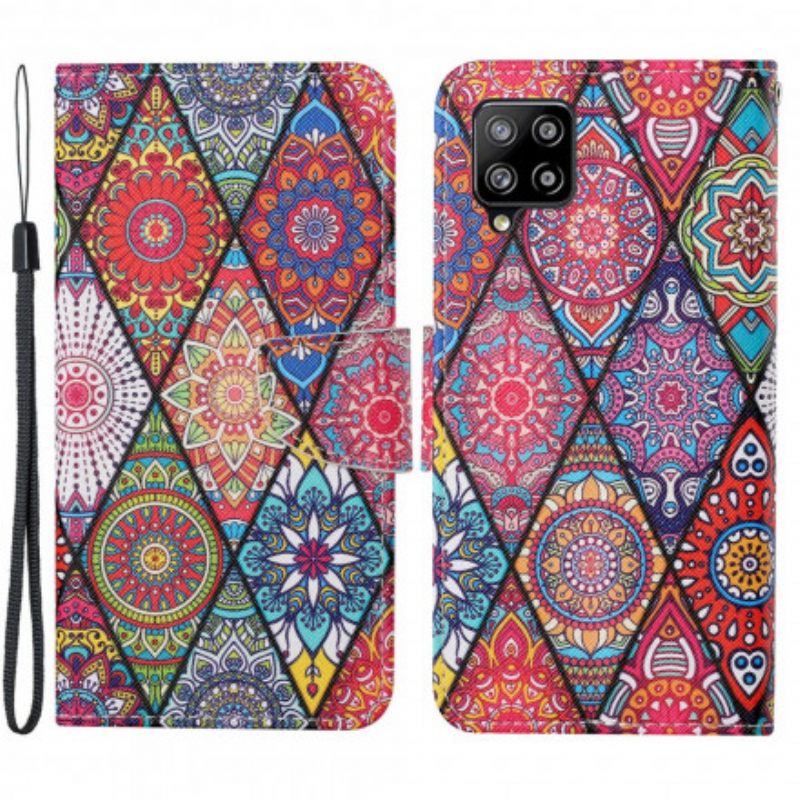 Nahkakotelo Samsung Galaxy A22 4G Patchwork Ja Lanyard