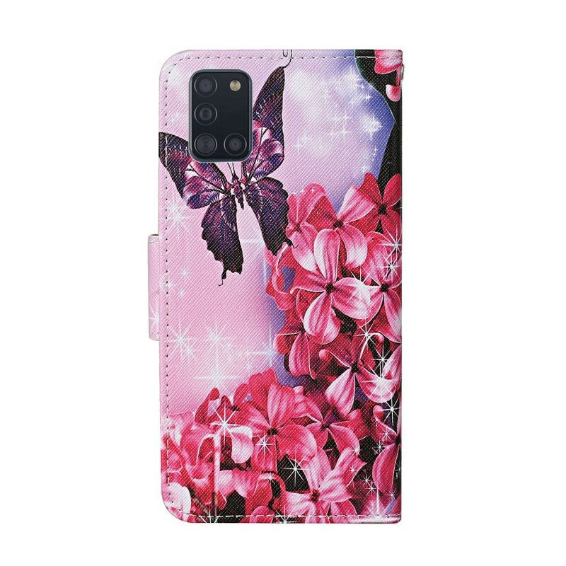 Nahkakotelo Samsung Galaxy A31 Floral Butterflies Lanyard