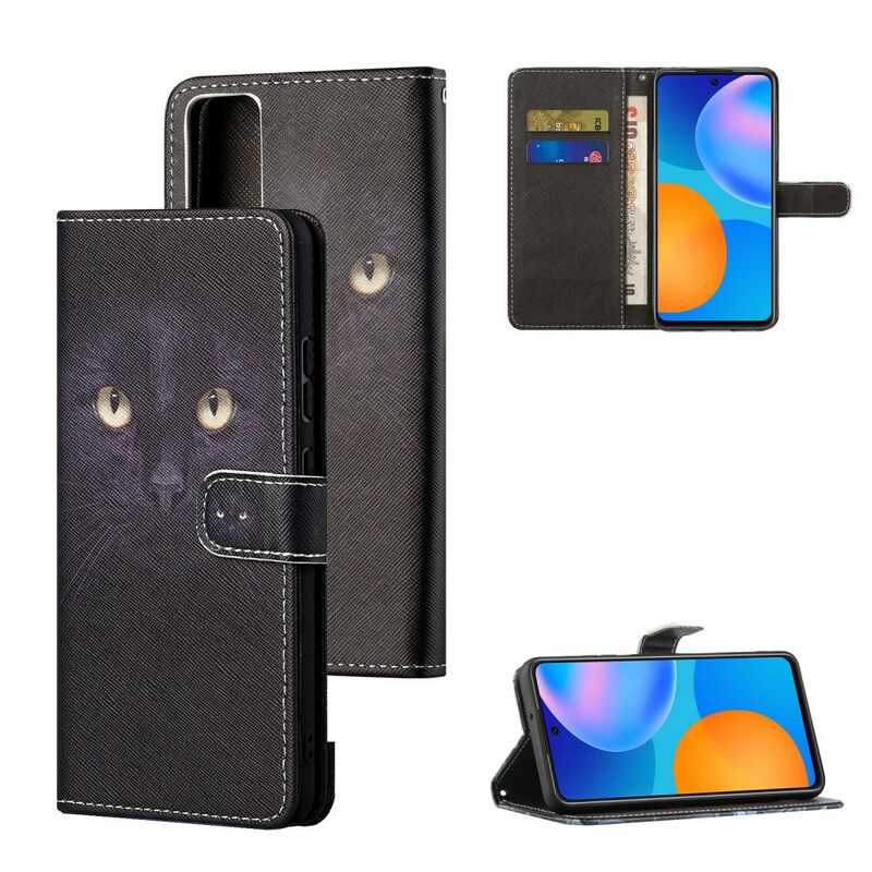 Flip Case Huawei P Smart 2021 Suojaketju Kuori Black Cat Eyes Hihnalla