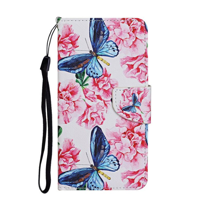 Nahkakotelo Huawei P Smart 2021 Floral Butterflies Lanyard