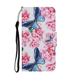 Nahkakotelo Huawei P Smart 2021 Floral Butterflies Lanyard