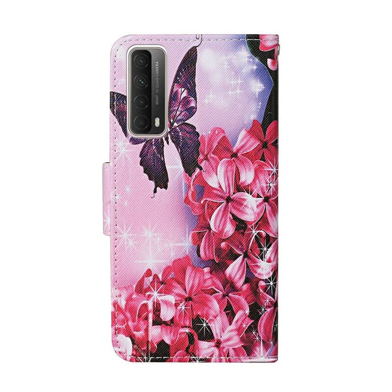 Nahkakotelo Huawei P Smart 2021 Floral Butterflies Lanyard