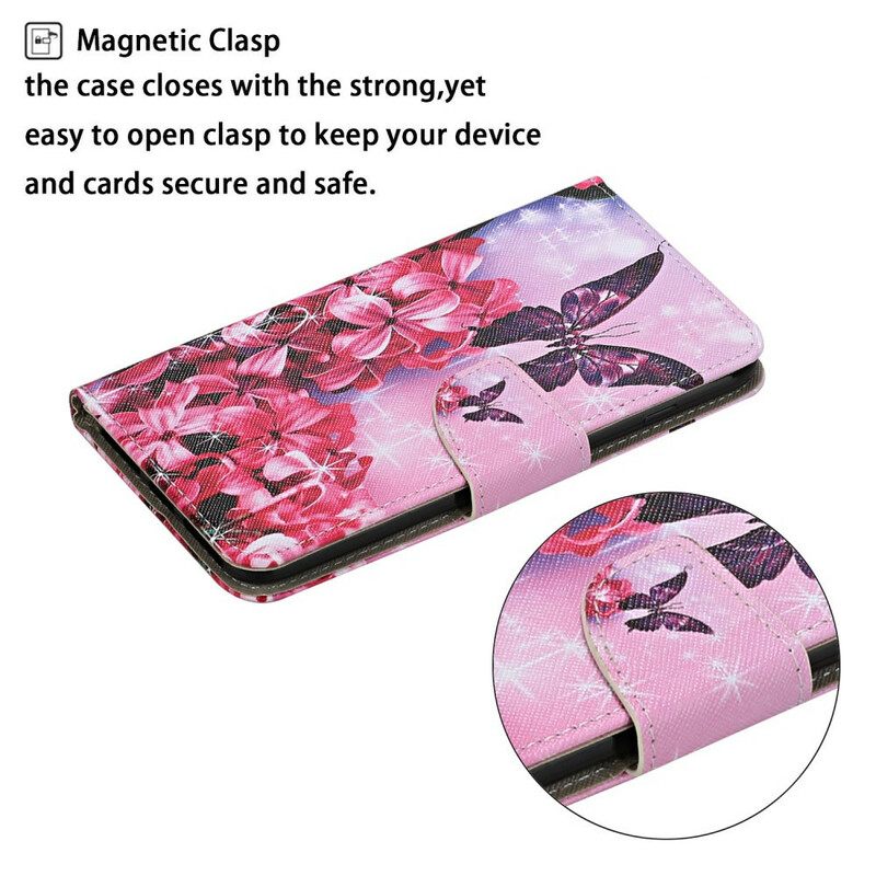 Nahkakotelo Huawei P Smart 2021 Floral Butterflies Lanyard