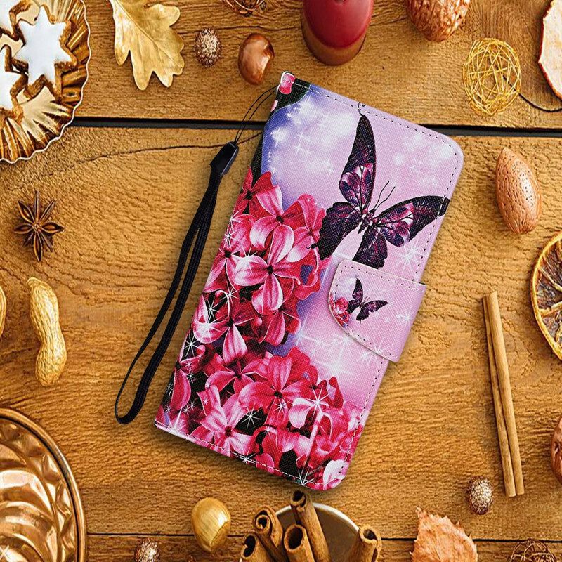 Nahkakotelo Huawei P Smart 2021 Floral Butterflies Lanyard