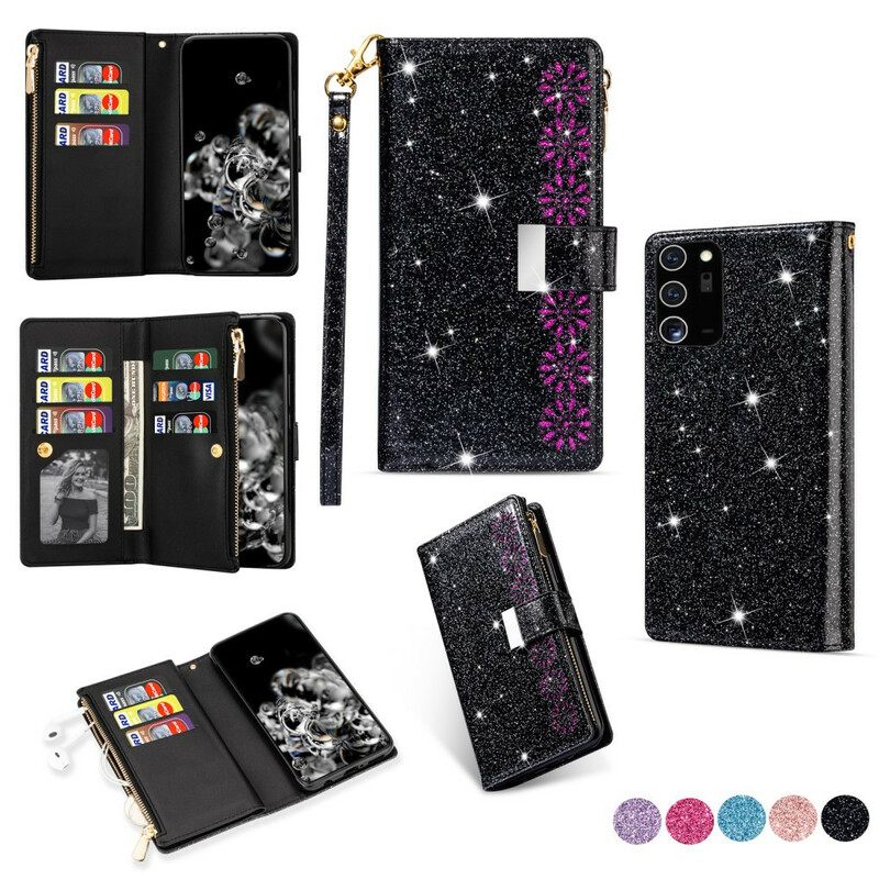 Flip Case Samsung Galaxy Note 20 Lompakkokuori Sequins Vetoketjullinen Lompakko