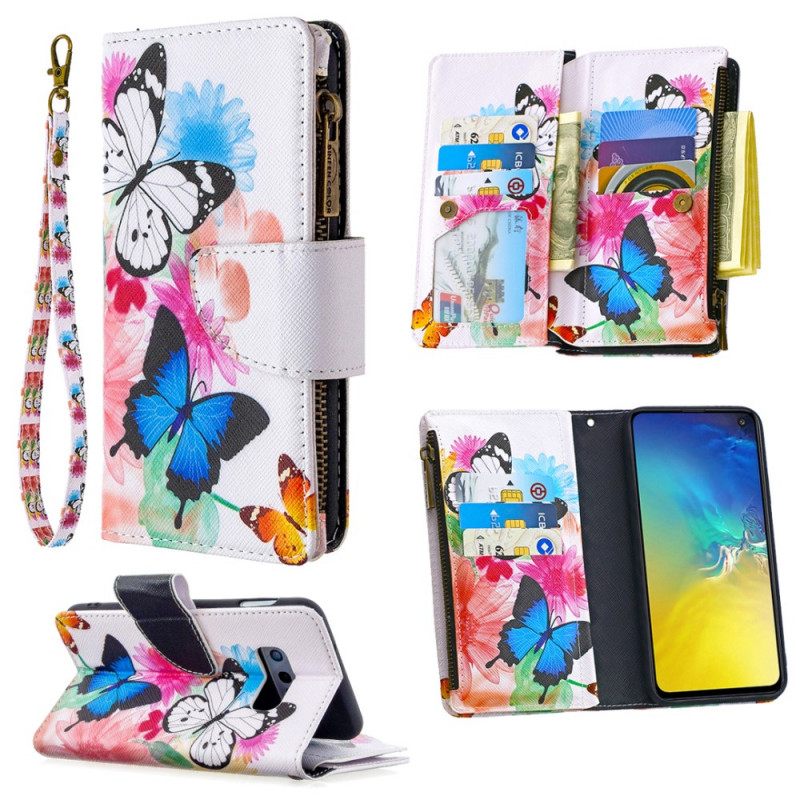 Nahkakotelo Samsung Galaxy S10e Butterflies Vetoketjullinen Tasku