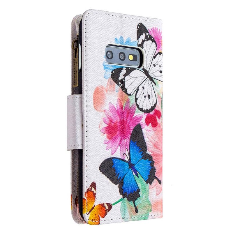 Nahkakotelo Samsung Galaxy S10e Butterflies Vetoketjullinen Tasku