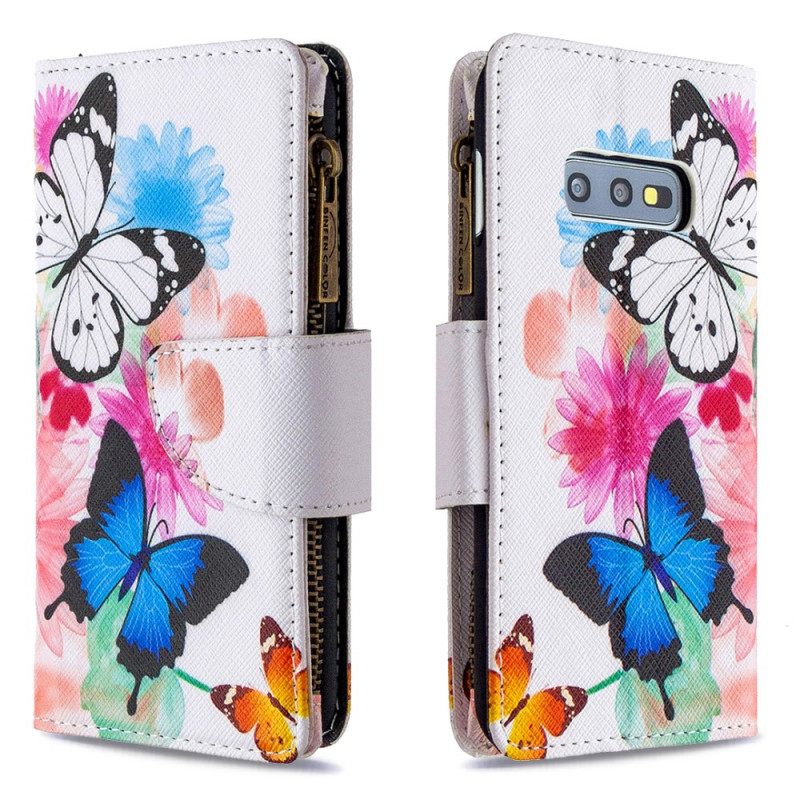 Nahkakotelo Samsung Galaxy S10e Butterflies Vetoketjullinen Tasku