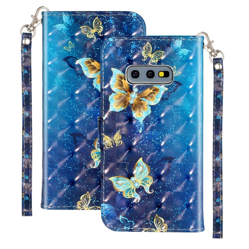 Nahkakotelo Samsung Galaxy S10e Golden Butterflies Lanyard