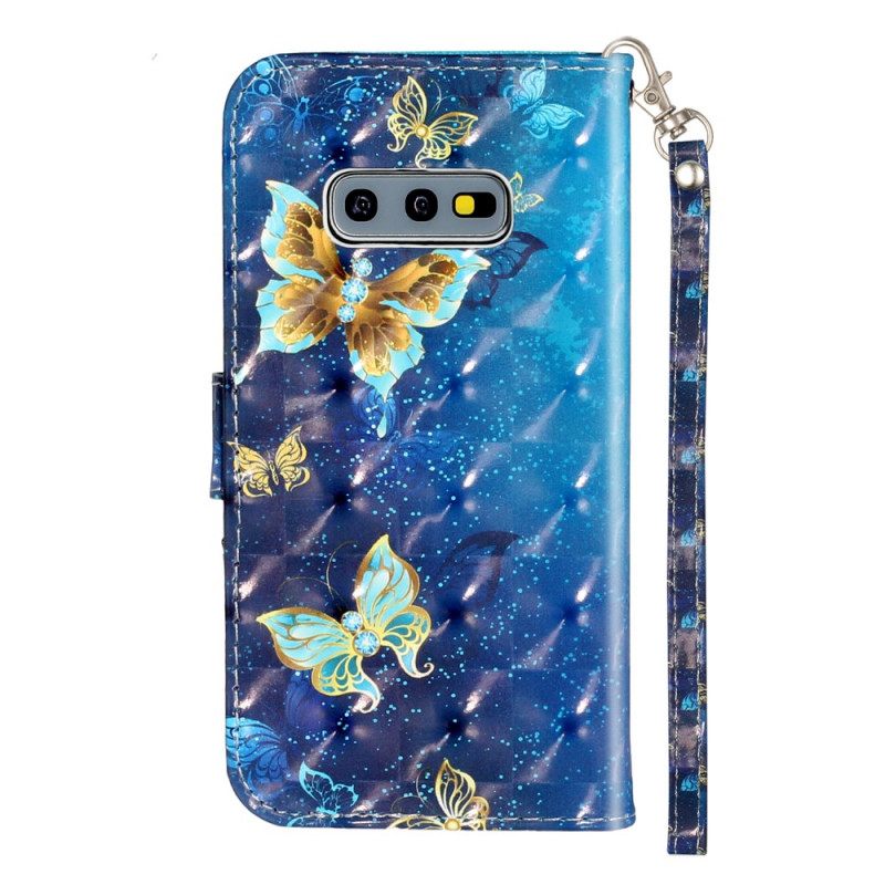 Nahkakotelo Samsung Galaxy S10e Golden Butterflies Lanyard