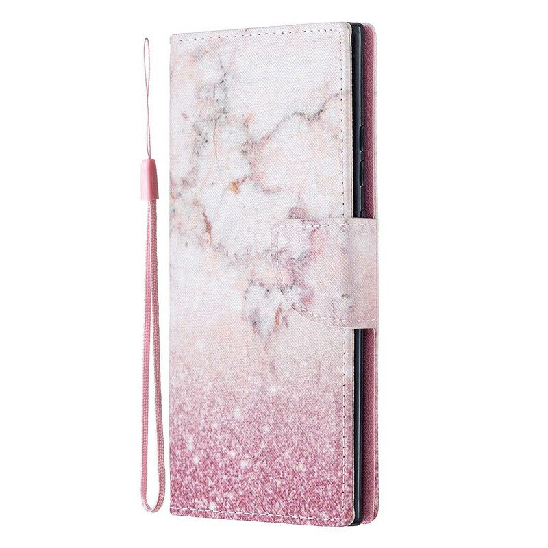 Flip Case Samsung Galaxy Note 20 Ultra Suojaketju Kuori Pink Marble Irrotettavalla Hihnalla