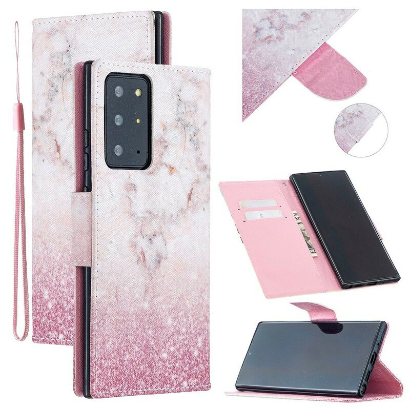 Flip Case Samsung Galaxy Note 20 Ultra Suojaketju Kuori Pink Marble Irrotettavalla Hihnalla