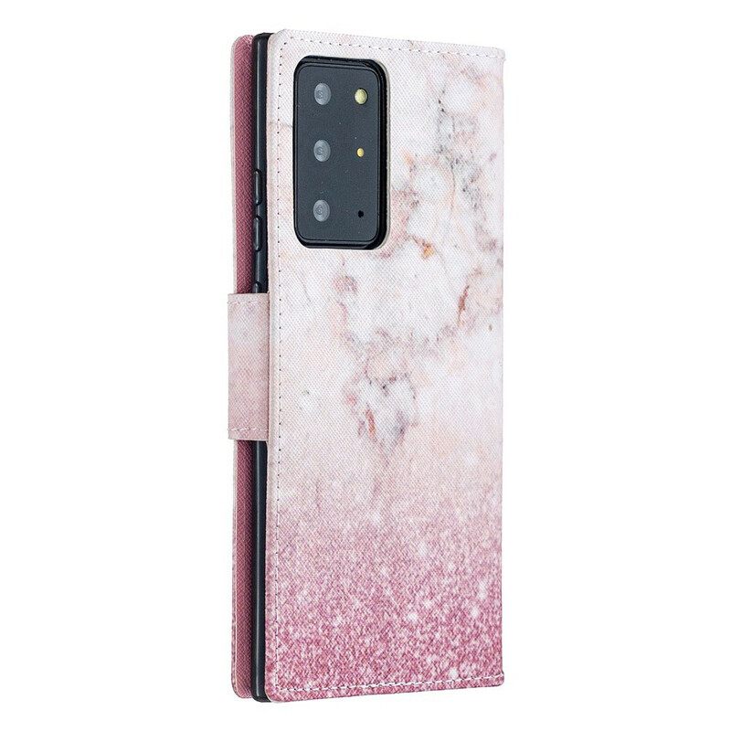 Flip Case Samsung Galaxy Note 20 Ultra Suojaketju Kuori Pink Marble Irrotettavalla Hihnalla