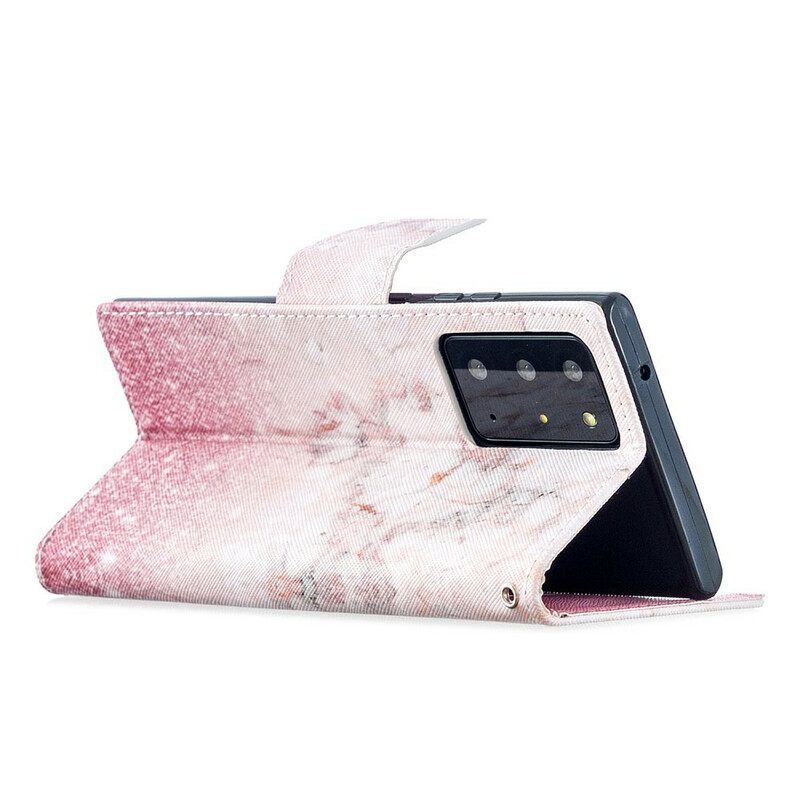 Flip Case Samsung Galaxy Note 20 Ultra Suojaketju Kuori Pink Marble Irrotettavalla Hihnalla