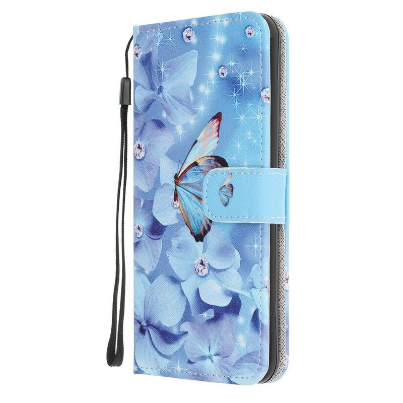 Nahkakotelo Huawei P40 Suojaketju Kuori Diamond Butterflies Hihnalla